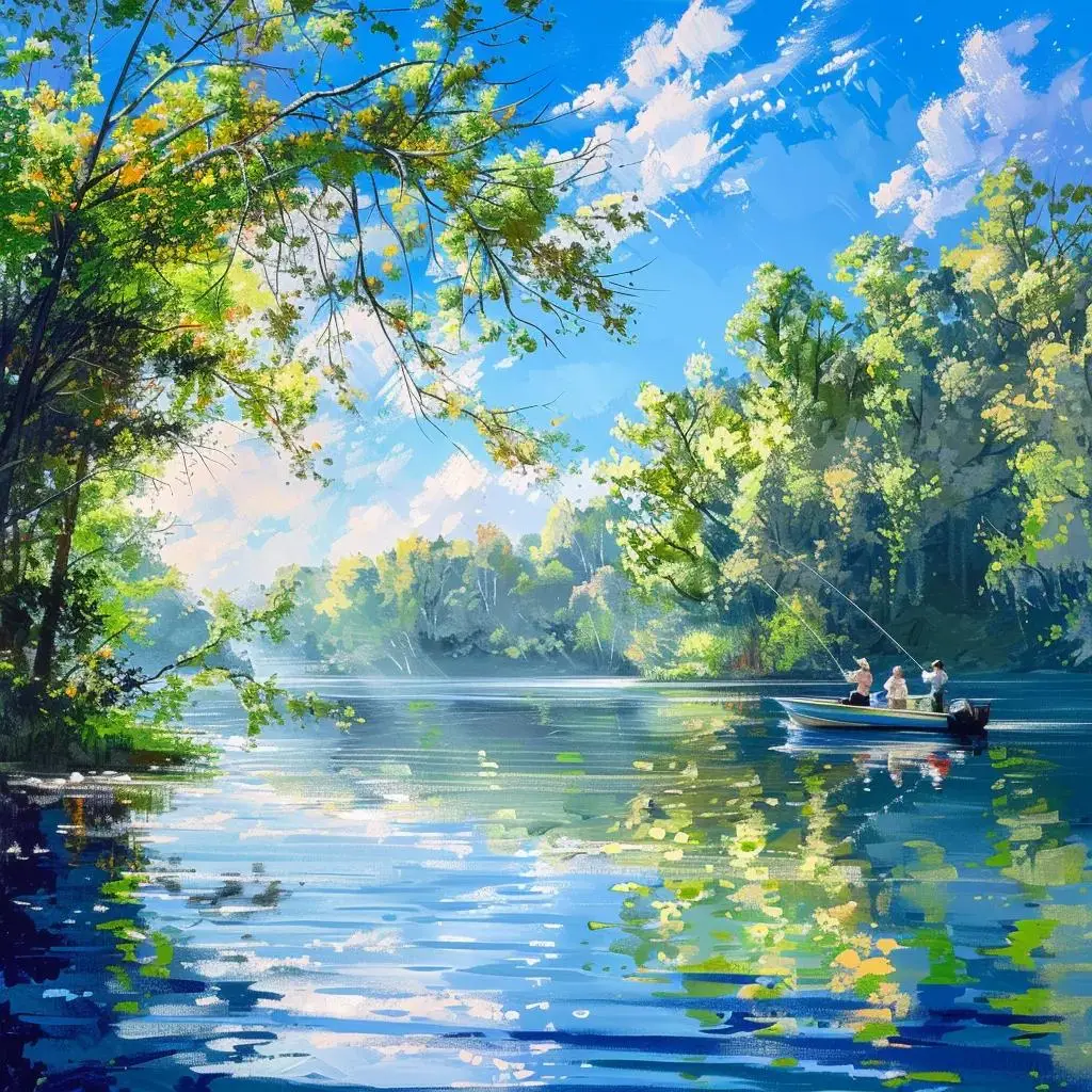 Group of anglers fishing on a scenic lake in Arkansas, Texas, or Mississippi, showcasing the excitement of guided fishing trips