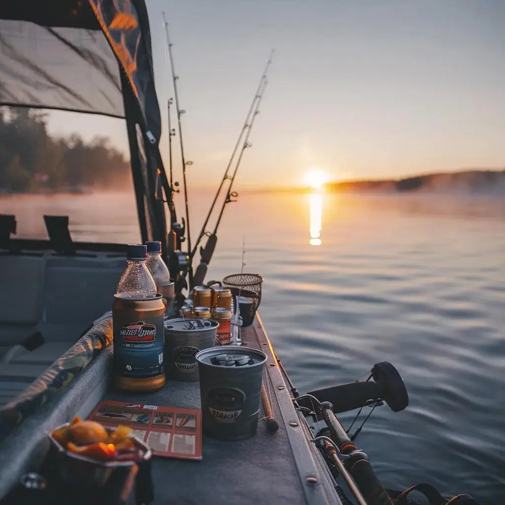 Well-equipped fishing boat ready for a guided trip on a calm lake at sunrise, showcasing safety gear and fishing equipment